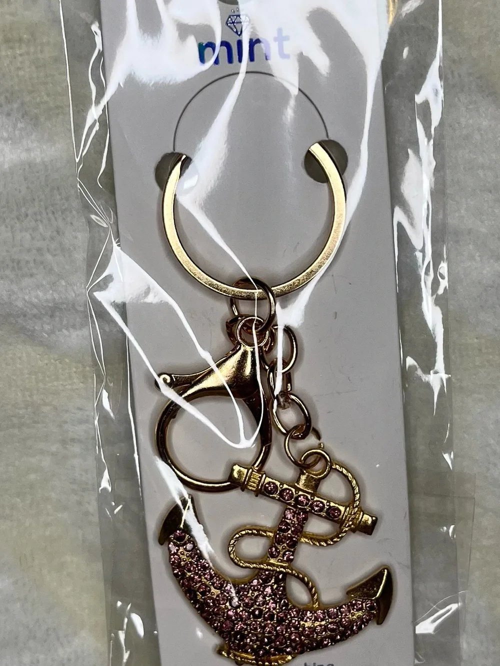 Mint Gold Keychain Bag Charm with Pink Glitter Rhinestone Anchor Charm